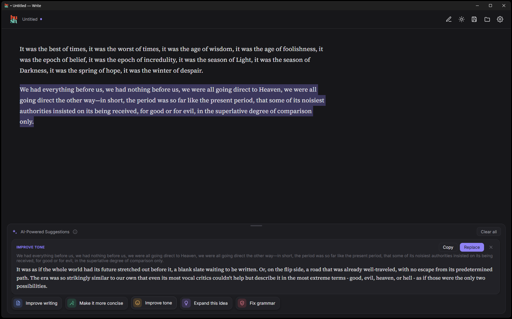 AI writing suggestions shown below the editor, ready to copy or replace