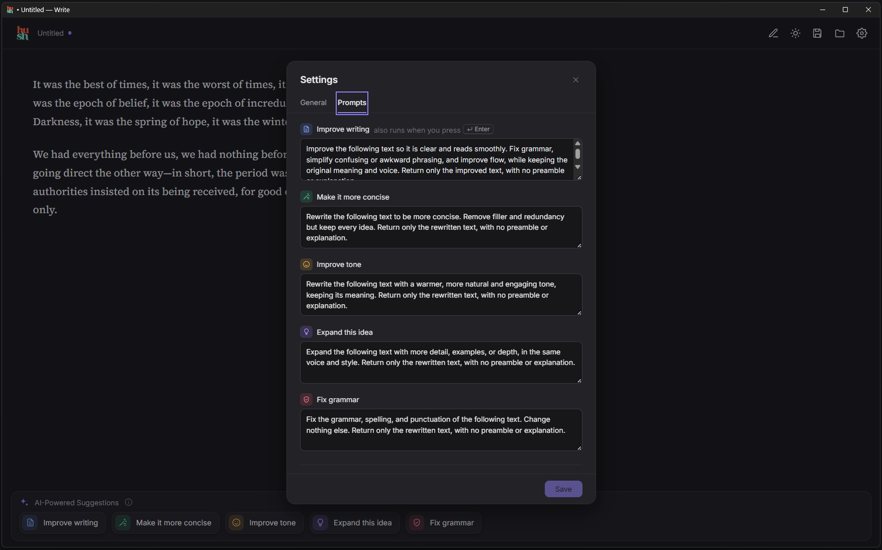 Hush Writer settings dialog for editing the AI prompt behind each action