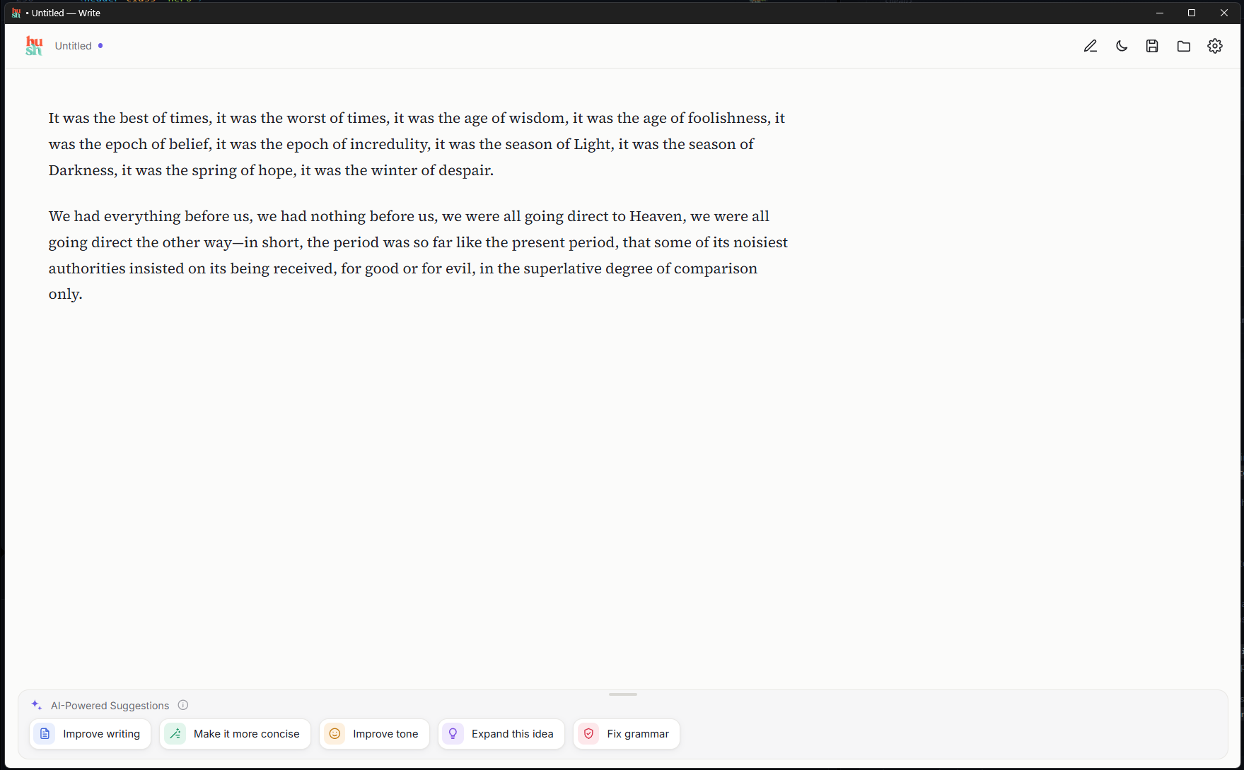 Hush Writer writing app in dark mode