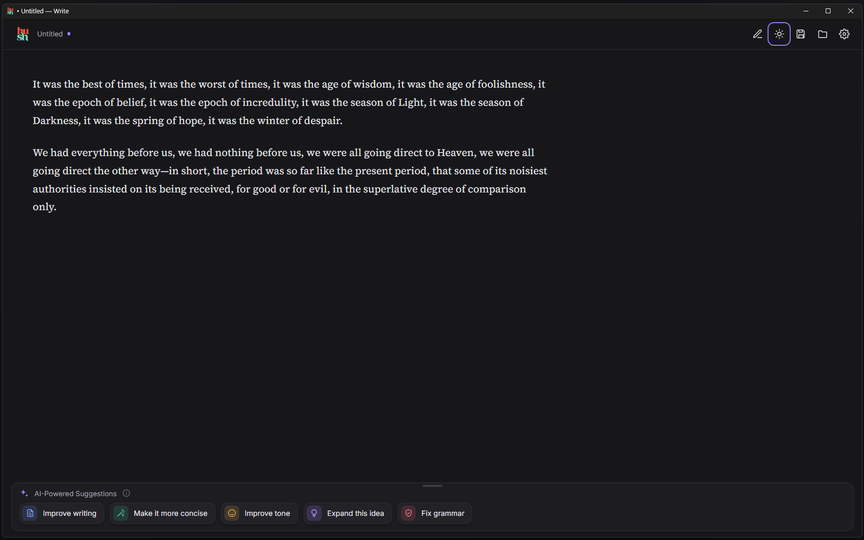 The Hush Writer distraction-free editor with a document open